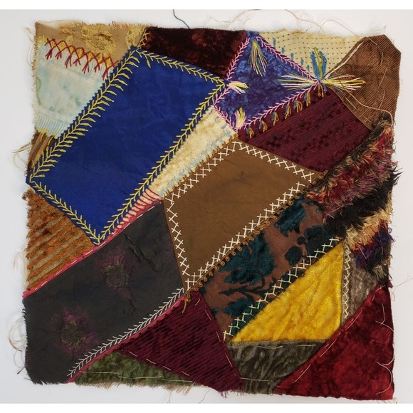 Antique Crazy Quilt 11" Square Block Flannel Backing Velvet Satin Embroidery - Picture 1 of 13